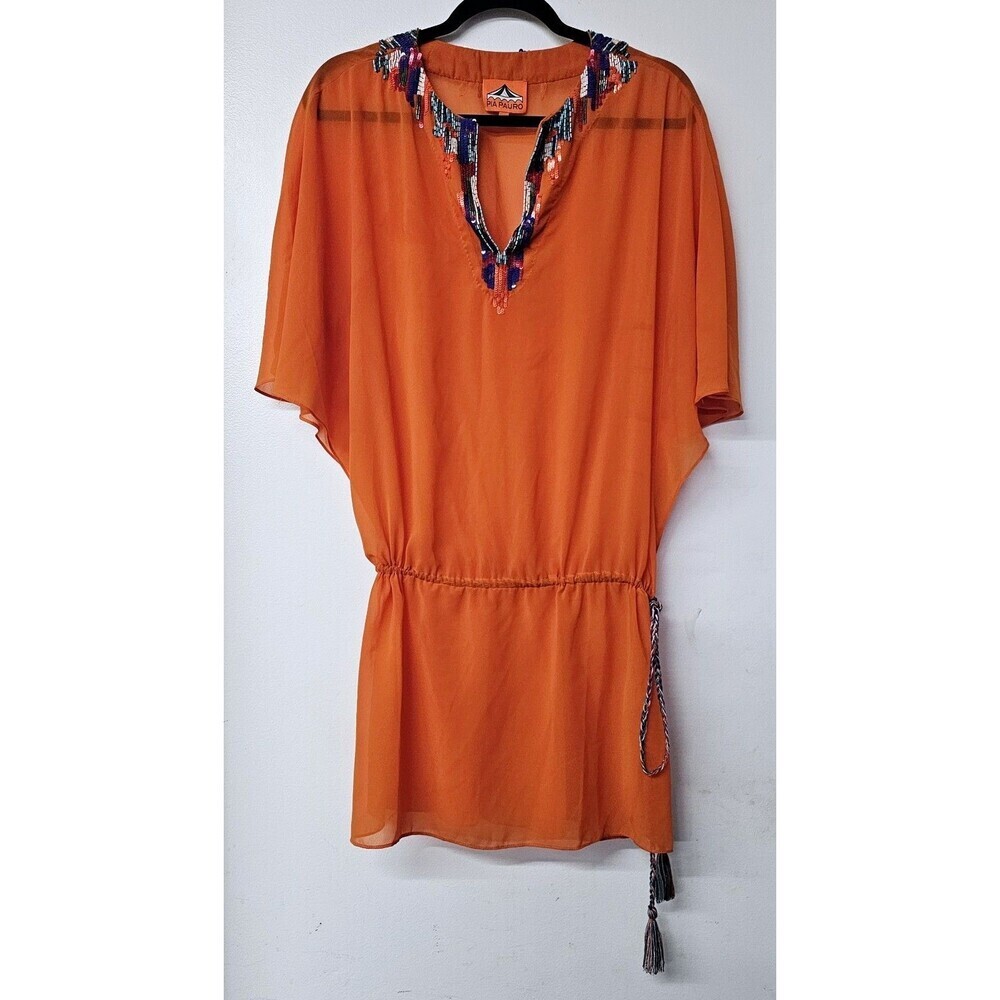 Pia Pauro Orange Sheer Sequins Short Summer Kaftan Cover Up  XS Extra Small NWOT